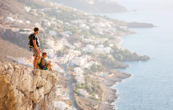 Picture sea, mountains, the city, coast, woman, view, male