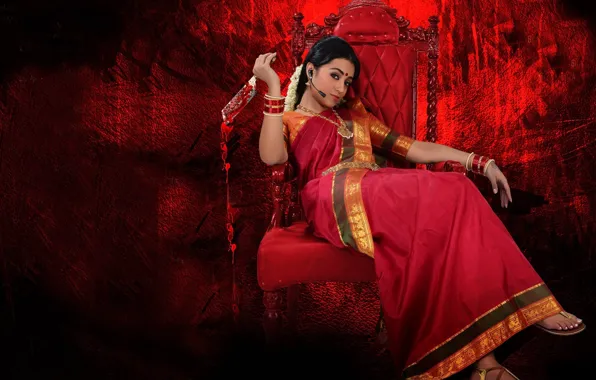 Cinema, red, blood, dress, woman, microphone, chair, movie