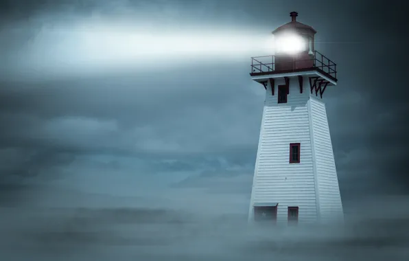 Picture night, fog, lighthouse, spotlight, a beam of light