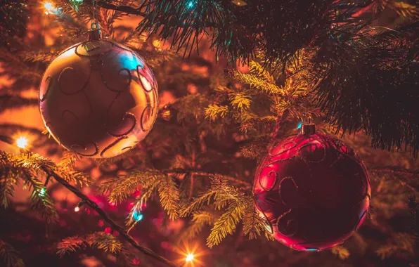 Light, decoration, lights, balls, tree, Christmas, New year