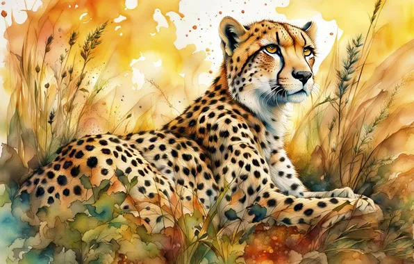 Grass, look, face, nature, divorce, watercolor, Cheetah, lies