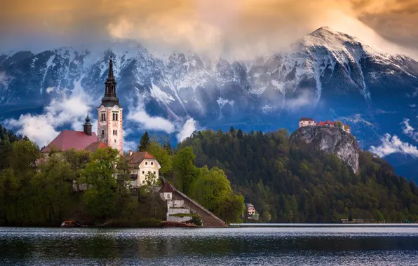 Picture mountains, Slovenia, Church Of The Assumption Of The Virgin Mary, The Julian Alps, Bled lake