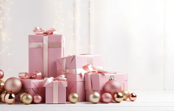 Decoration, balls, New Year, Christmas, gifts, golden, new year, Christmas