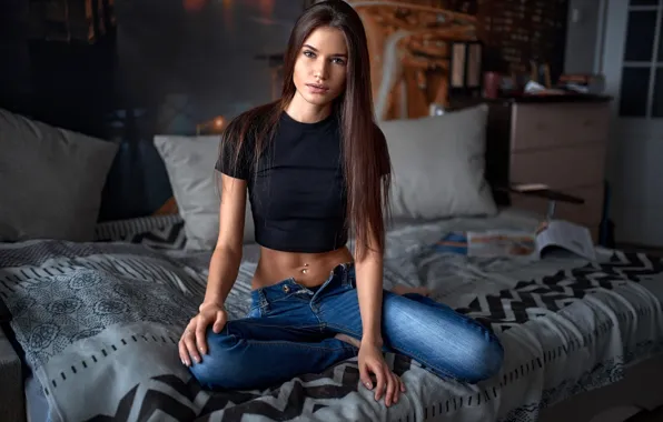 Look, sexy, pose, room, model, tummy, portrait, jeans