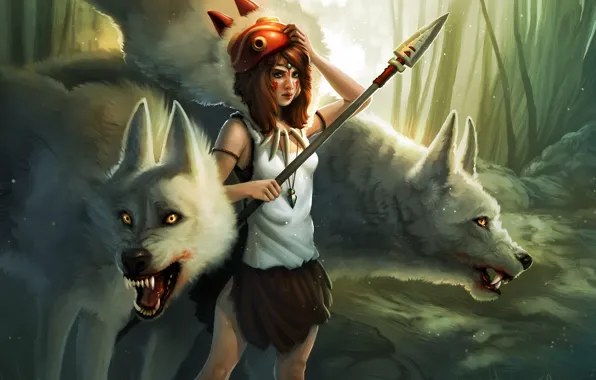 Forest, girl, mask, art, pendant, wolves, spear, Princess Mononoke