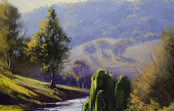 Picture trees, nature, river, hills, art, willow, artsaus