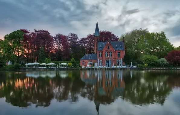 Picture landscape, nature, the city, pond, reflection, the building, restaurant, Belgium