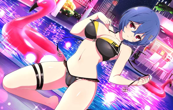 Girl, sexy, pool, cleavage, legs, boobs, anime, water