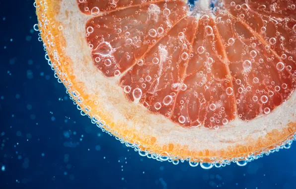 Water, macro, bubbles, slice, grapefruit