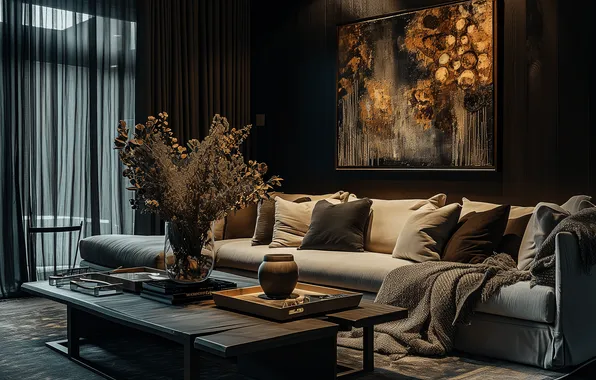 Interior, picture, dark room, gothic style, luxury sofa, black color in the interior, dark living …