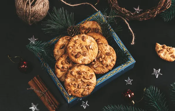 Balls, branches, box, cookies, Christmas, New year, stars, cinnamon