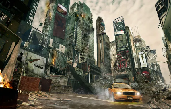 Apocalypse, New York, devastation, taxi, skyscrapers