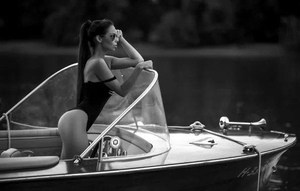 Swimsuit, girl, pose, yacht, glasses, black and white, monochrome, Barbara