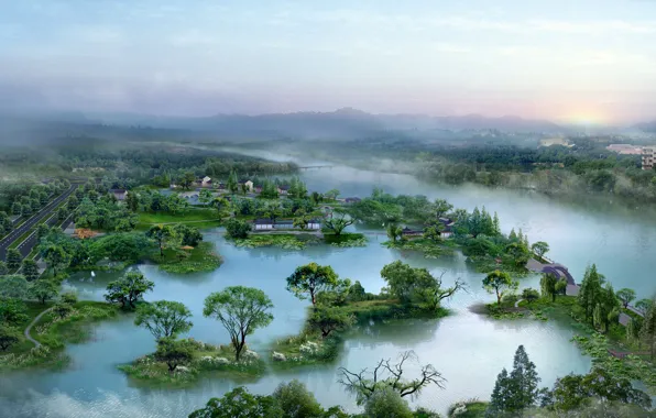 Trees, fog, landscapes, river