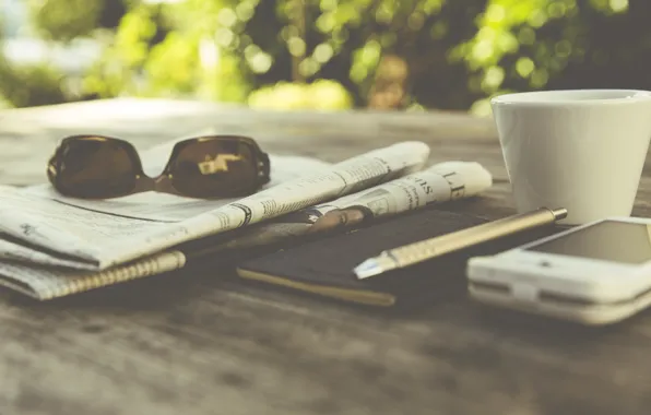 Picture coffee, glasses, handle, Cup, newspaper, Notepad, photo, photographer