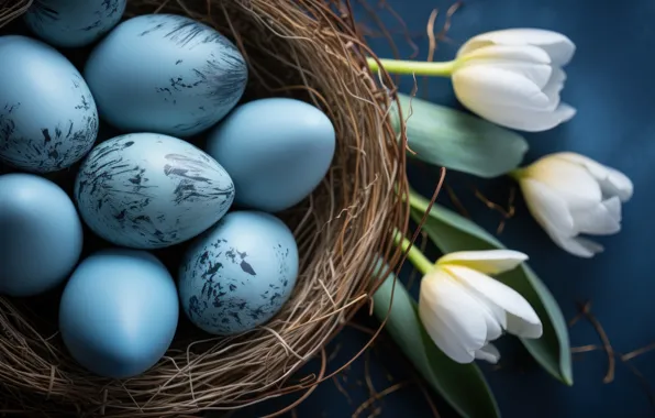Flowers, holiday, eggs, spring, blue, Easter, socket, bokeh