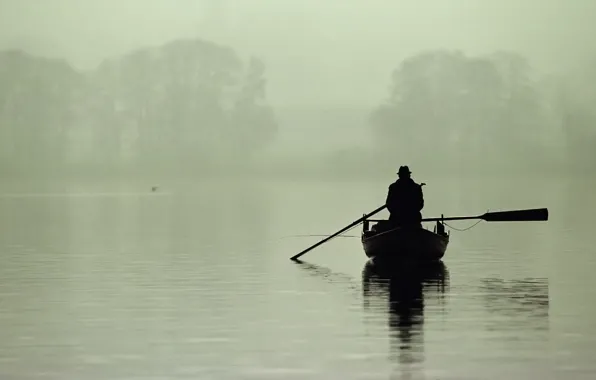 Fog, lake, boat, fisherman, morning