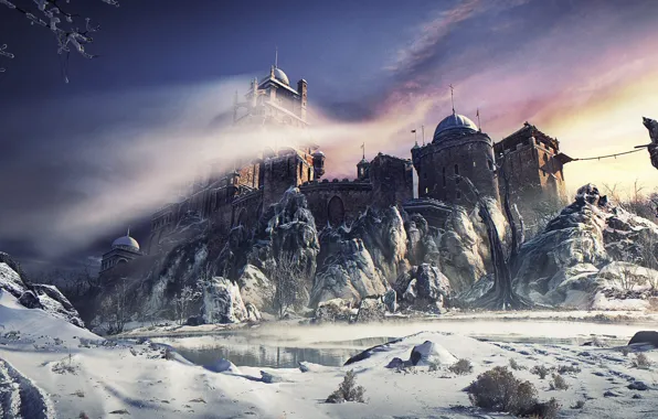 The sky, water, snow, trees, mountains, castle, fortress, winter castle