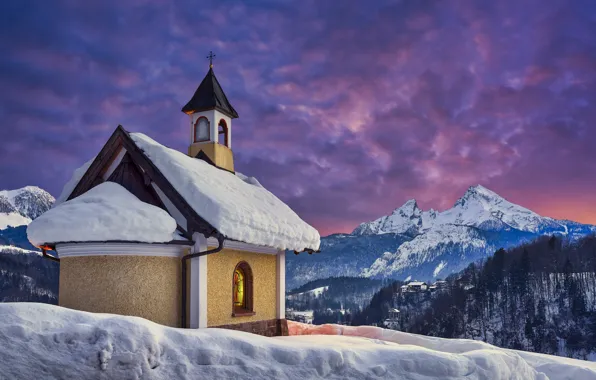 Picture winter, snow, landscape, sunset, mountains, nature, Germany, Bayern