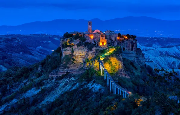 Night, lights, rock, tower, village, Italy, Civita di Bagnoregio