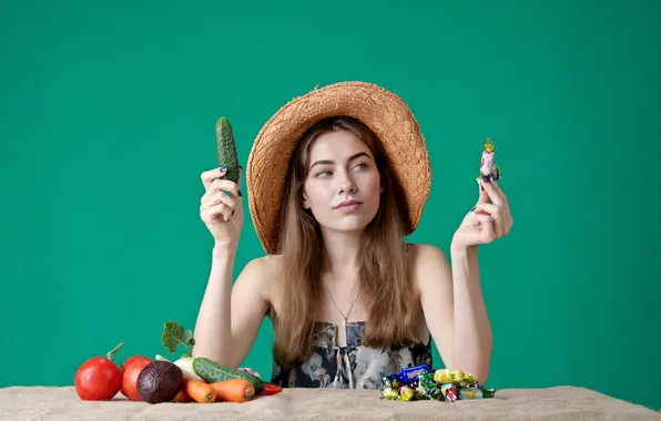 Girl, hat, candy, choice, vegetables, diet