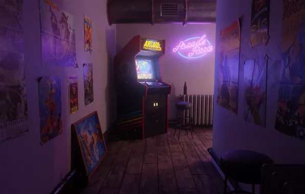 Neon, Retro, Corridor, Arcade, Slot machine, Ferhat Tanman, A scene from the past., Arcade Fighter's …