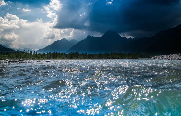 Wave, forest, the sky, water, clouds, rays, light, mountains