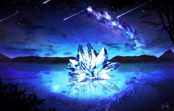 The sky, crystal, water, night, fantasy, the milky way