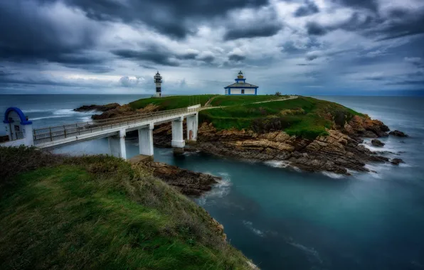 Picture sea, bridge, rocks, shore, lighthouse, island, home, house