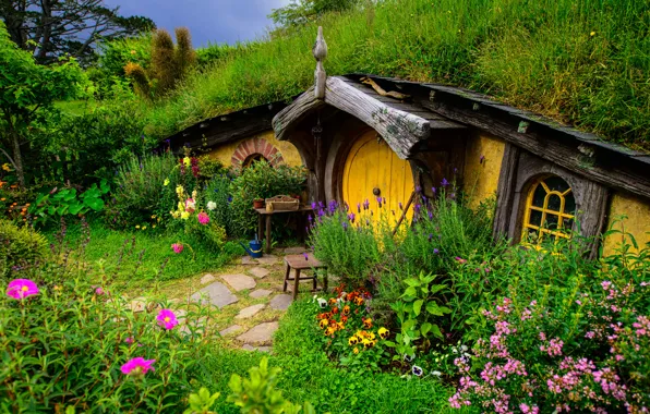 Greens, grass, flowers, house, Nora, the Lord of the rings, hill, new Zealand