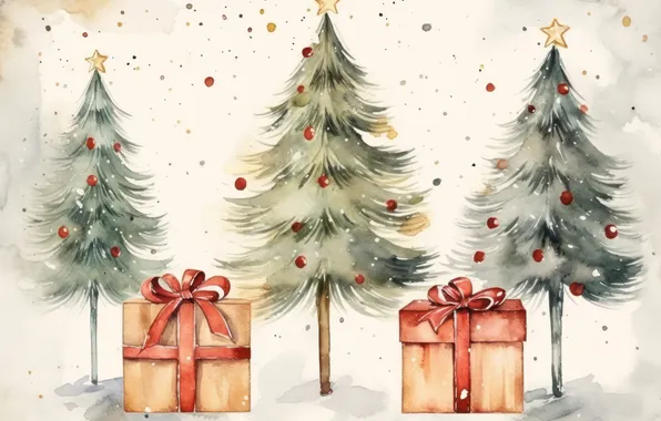 Winter, snow, Christmas, gifts, New year, trio, bows, Christmas trees