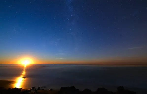 Picture stars, sunrise, the ocean, The sun, The milky way