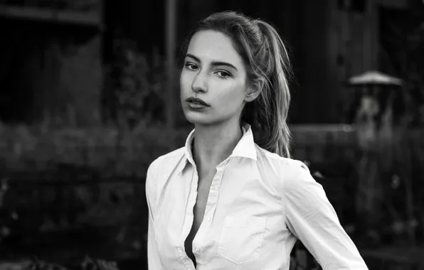 Picture look, model, portrait, makeup, hairstyle, black and white, shirt, beauty