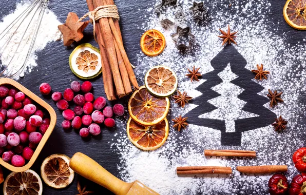 Berries, holiday, orange, New year, cinnamon, herringbone, powdered sugar, star anise