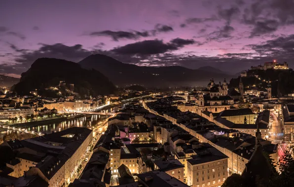 Night, the city, Salzburg, golden city