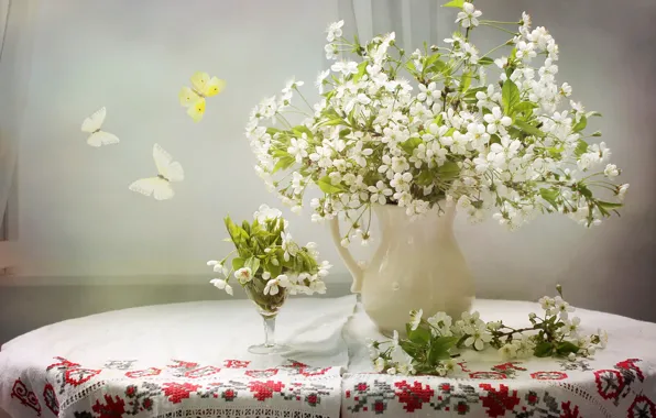 Butterfly, flowers, table, glass, vase, white, tablecloth