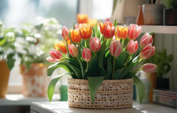 Leaves, light, flowers, table, bouquet, spring, window, tulips