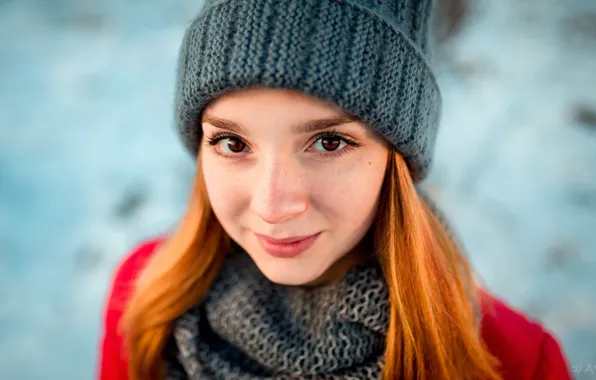 Picture winter, look, girl, close-up, face, smile, background, model