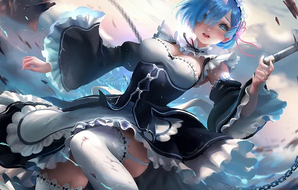 Girl, anime, art, sakimichan, rem, re zero kara hajime chip isek or seikatsu