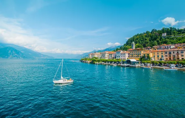 Mountains, lake, building, yacht, Italy, promenade, Italy, lake Como