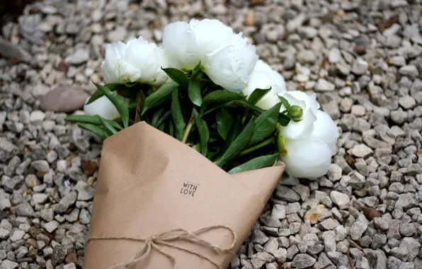 Picture flowers, bouquet, white, gravel, peonies, with love