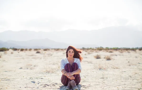 Sand, look, girl, shoes, brunette, sitting, Eva, Eva