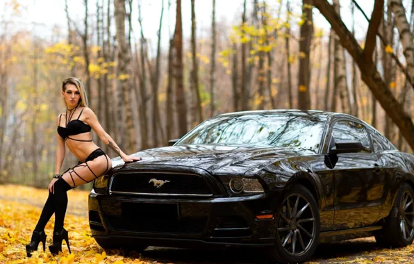Ford Mustang, Erotic, beautiful girl, black car