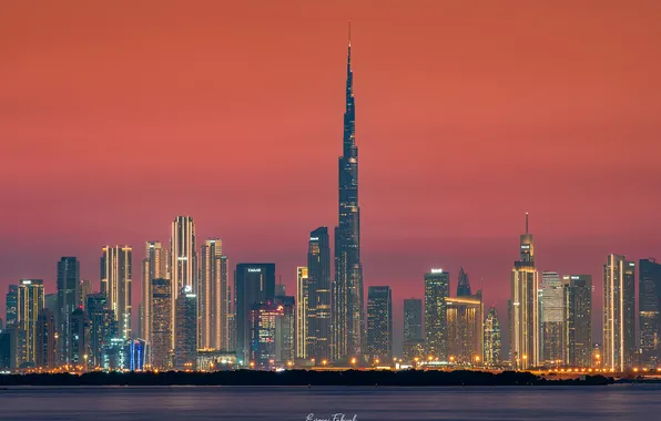 Sunset, The evening, Skyscrapers, Dubai, Arab Emirates, crimson sky, Evgeni Fabis, Dubay