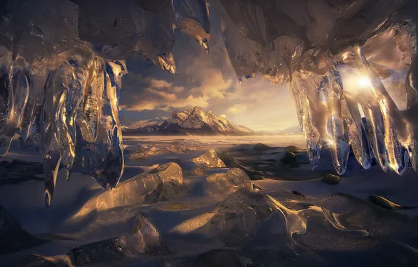 Ice, winter, the sun, light, mountains