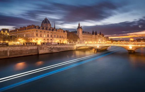 Clouds, light, clouds, bridge, the city, strip, river, shore