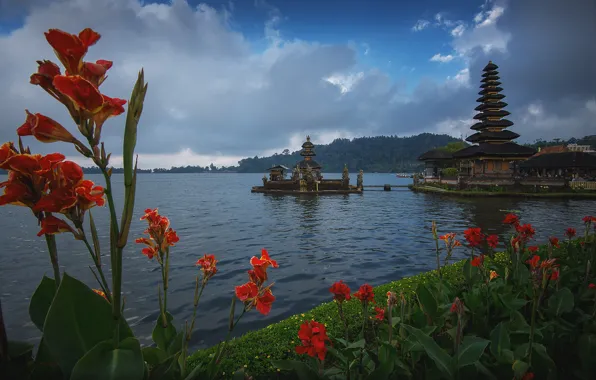 Clouds, landscape, flowers, lake, shore, Bali, Indonesia, temple
