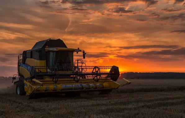 Field, sunset, harvester