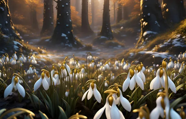 Forest, trees, flowers, nature, spring, snowdrops, white, spring flowers