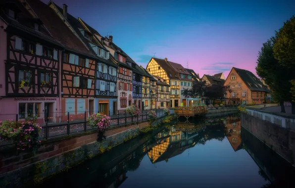 Flowers, reflection, river, France, building, home, promenade, France